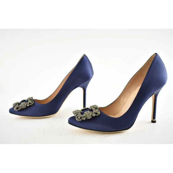 Manolo Blahnik Hangisi 105 Navy Blue Satin Crystal Jewel Buckle Heel Pump 40 - Picture 10 of 12